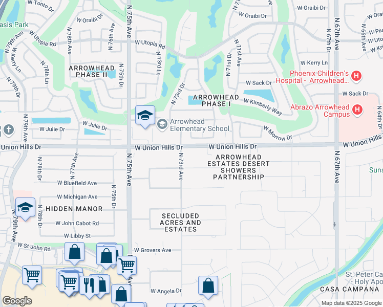 map of restaurants, bars, coffee shops, grocery stores, and more near 7227 West Union Hills Drive in Glendale