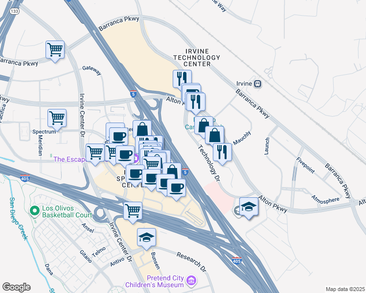 map of restaurants, bars, coffee shops, grocery stores, and more near 27 Technology Drive in Irvine