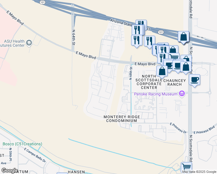 map of restaurants, bars, coffee shops, grocery stores, and more near 18243 North 66th Street in Phoenix