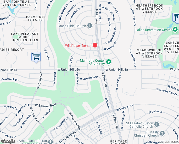 map of restaurants, bars, coffee shops, grocery stores, and more near 10318 W Garnette Dr in Sun City
