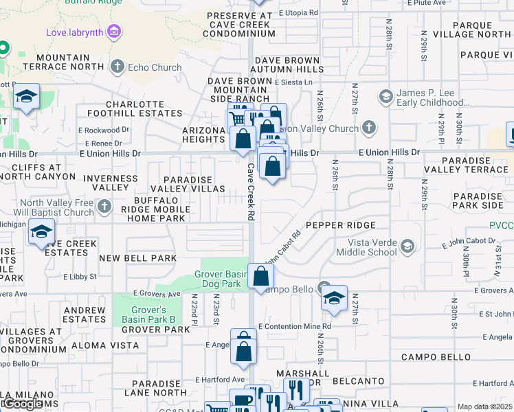 map of restaurants, bars, coffee shops, grocery stores, and more near 18220 North 24th Place in Phoenix