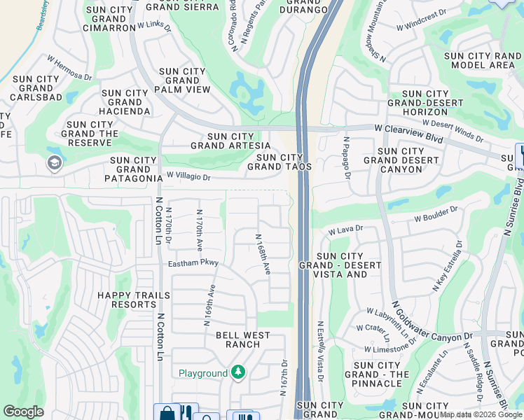 map of restaurants, bars, coffee shops, grocery stores, and more near 16781 West Northampton Road in Surprise