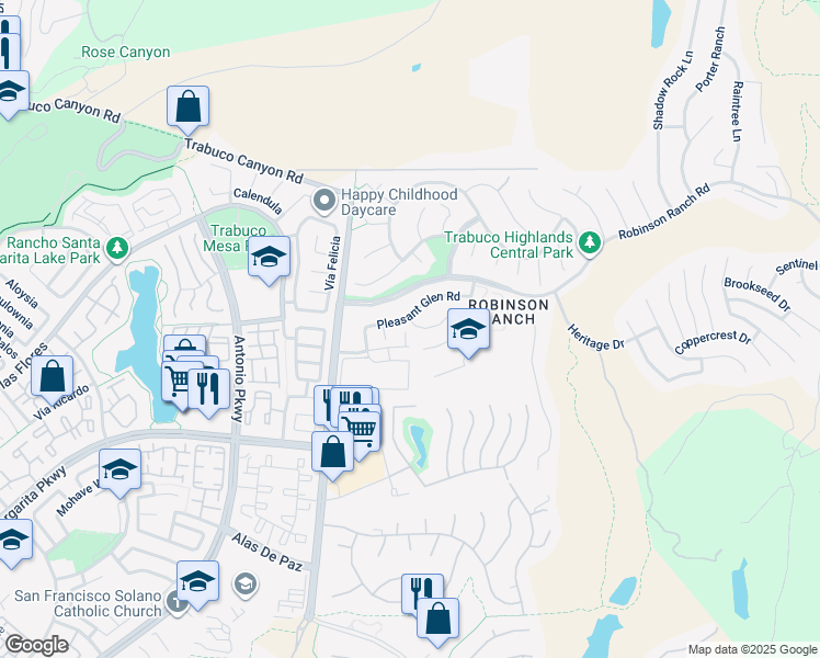 map of restaurants, bars, coffee shops, grocery stores, and more near 31972 Lazy Glen Lane in Trabuco Canyon
