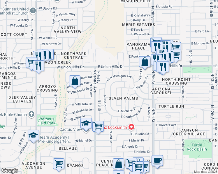 map of restaurants, bars, coffee shops, grocery stores, and more near 101 East Michigan Avenue in Phoenix