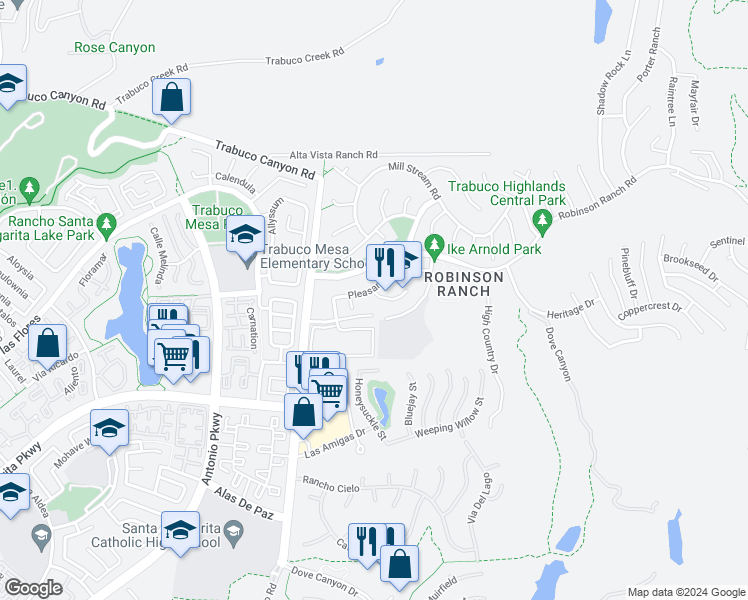 map of restaurants, bars, coffee shops, grocery stores, and more near 31972 Lazy Glen Lane in Trabuco Canyon