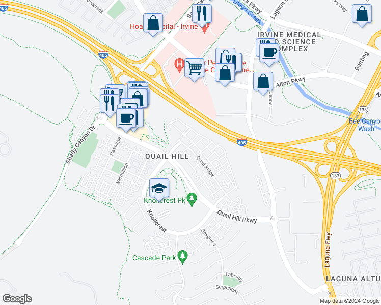 map of restaurants, bars, coffee shops, grocery stores, and more near 312 Quail Ridge in Irvine