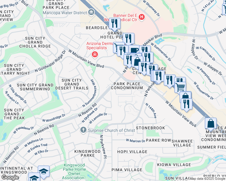 map of restaurants, bars, coffee shops, grocery stores, and more near 18413 North 147th Drive in Surprise