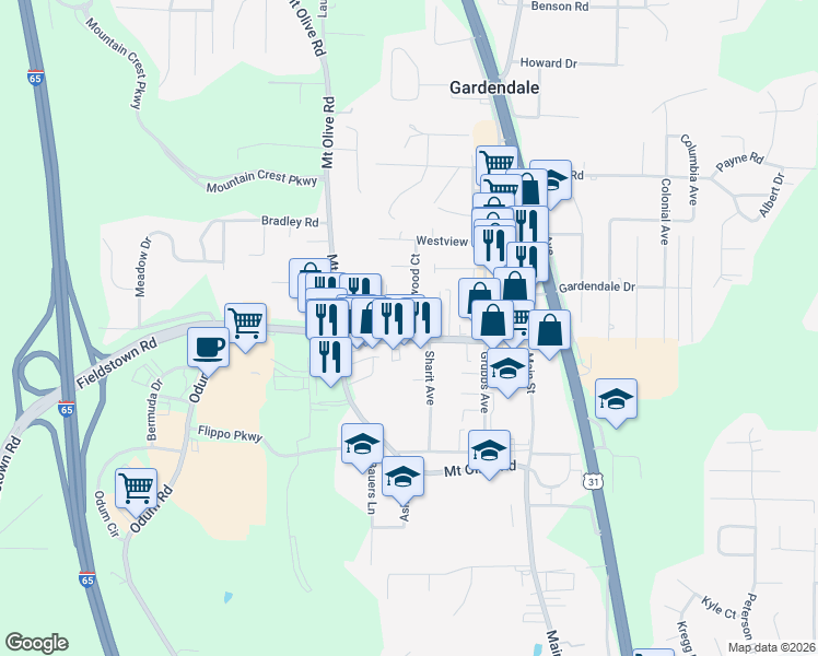 map of restaurants, bars, coffee shops, grocery stores, and more near 1115 Brookwood Court in Gardendale