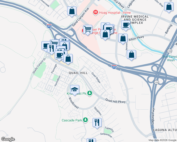 map of restaurants, bars, coffee shops, grocery stores, and more near 310 Quail Ridge in Irvine