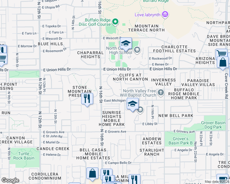 map of restaurants, bars, coffee shops, grocery stores, and more near 1625 East Bluefield Avenue in Phoenix