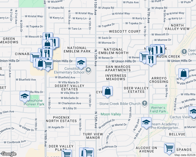 map of restaurants, bars, coffee shops, grocery stores, and more near 1415 West Bluefield Avenue in Phoenix