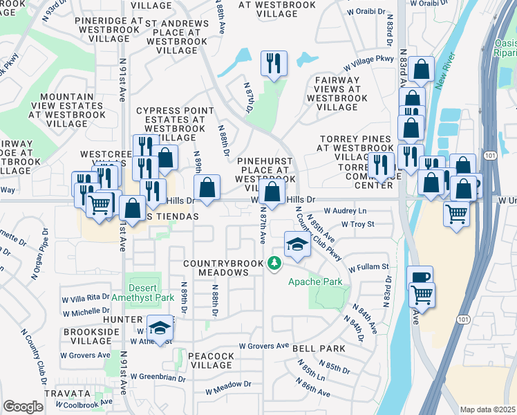 map of restaurants, bars, coffee shops, grocery stores, and more near 8715 West Union Hills Drive in Peoria