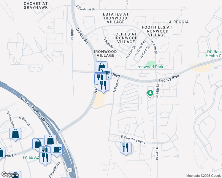 map of restaurants, bars, coffee shops, grocery stores, and more near 9009 Legacy Boulevard in Scottsdale