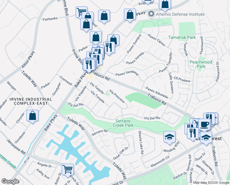 map of restaurants, bars, coffee shops, grocery stores, and more near 24731 Vía Princesa in Lake Forest