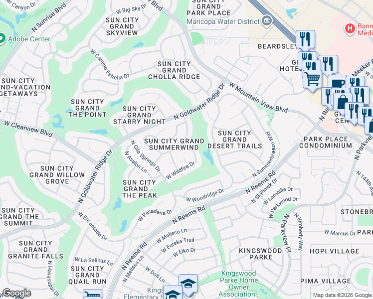 map of restaurants, bars, coffee shops, grocery stores, and more near 15141 West Waterford Drive in Surprise