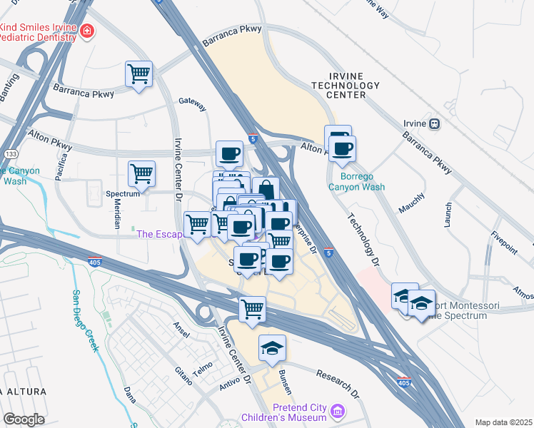 map of restaurants, bars, coffee shops, grocery stores, and more near 71 Spectrum Center Drive in Irvine