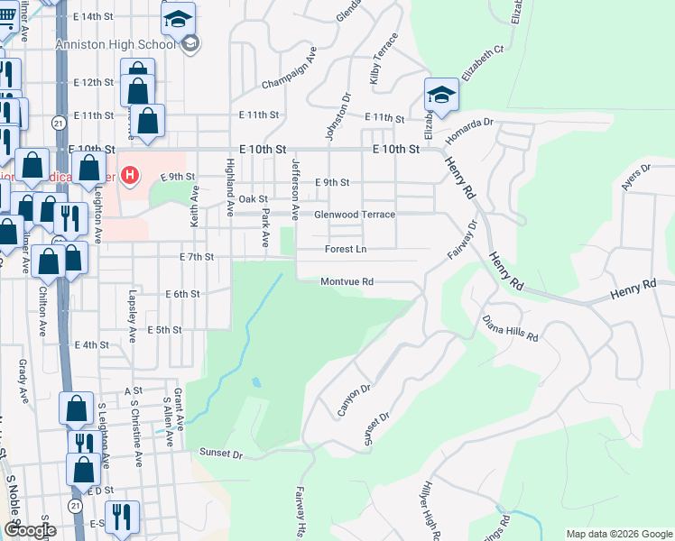 map of restaurants, bars, coffee shops, grocery stores, and more near 1027 Montvue Road in Anniston