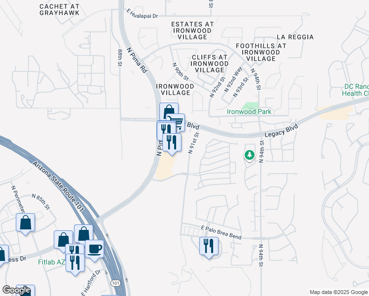 map of restaurants, bars, coffee shops, grocery stores, and more near 9009 Legacy Boulevard in Scottsdale