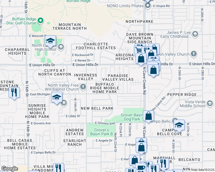 map of restaurants, bars, coffee shops, grocery stores, and more near 18250 North 21st Place in Phoenix