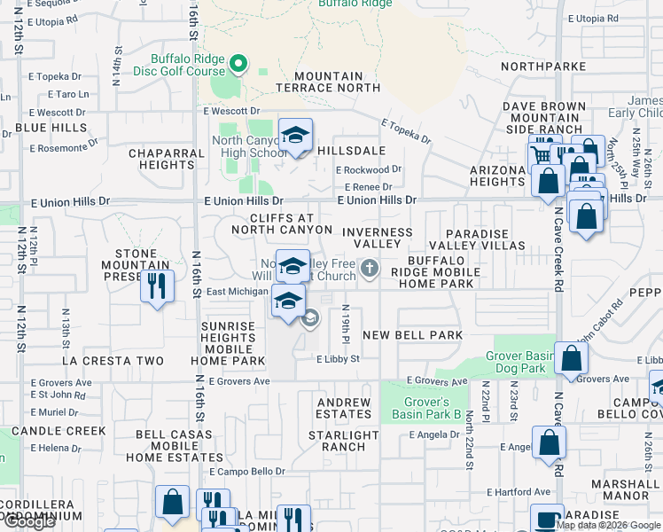 map of restaurants, bars, coffee shops, grocery stores, and more near 1833 East Bluefield Avenue in Phoenix