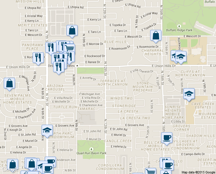 map of restaurants, bars, coffee shops, grocery stores, and more near 1223 East Bluefield Avenue in Phoenix