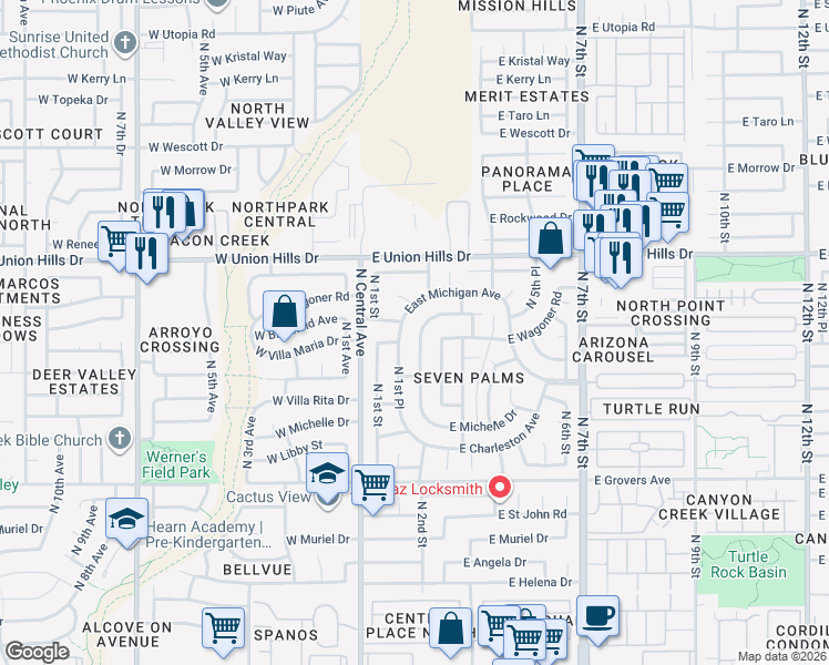 map of restaurants, bars, coffee shops, grocery stores, and more near 18239 North 1st Place in Phoenix