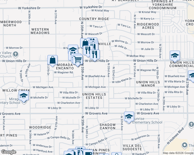 map of restaurants, bars, coffee shops, grocery stores, and more near 18237 North 34th Drive in Phoenix