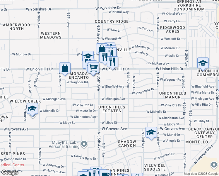 map of restaurants, bars, coffee shops, grocery stores, and more near 18237 North 34th Drive in Phoenix