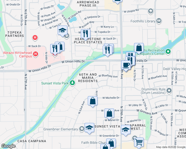 map of restaurants, bars, coffee shops, grocery stores, and more near 6103 West Villa Theresa Drive in Glendale