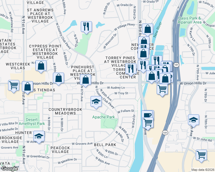 map of restaurants, bars, coffee shops, grocery stores, and more near 8456 West Audrey Lane in Peoria