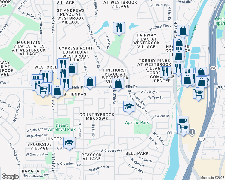 map of restaurants, bars, coffee shops, grocery stores, and more near in Peoria