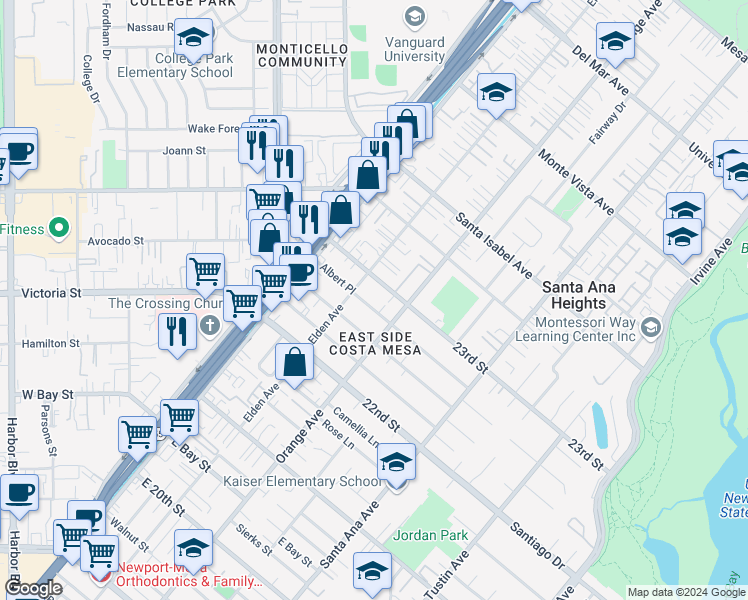 map of restaurants, bars, coffee shops, grocery stores, and more near 171 23rd Street in Costa Mesa