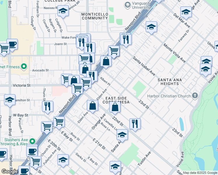 map of restaurants, bars, coffee shops, grocery stores, and more near 151 Albert Place in Costa Mesa