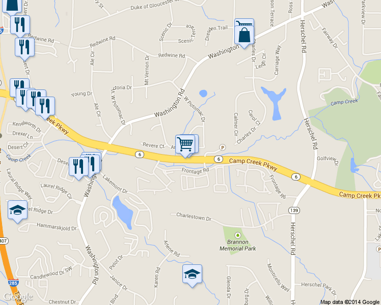 map of restaurants, bars, coffee shops, grocery stores, and more near 2820 Arlington Road in East Point