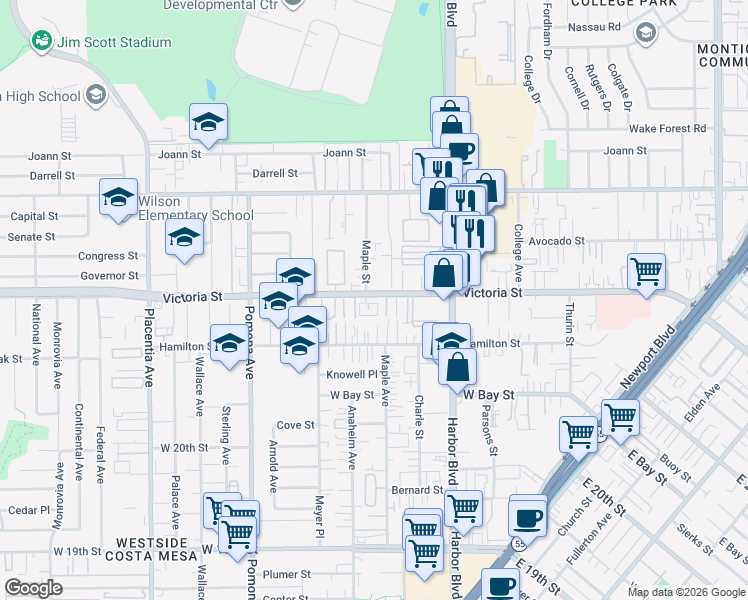 map of restaurants, bars, coffee shops, grocery stores, and more near 575 Avery Lane in Costa Mesa