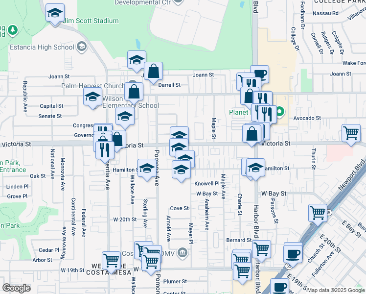 map of restaurants, bars, coffee shops, grocery stores, and more near 645 Victoria Street in Costa Mesa