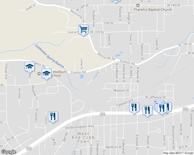 map of restaurants, bars, coffee shops, grocery stores, and more near 915 Lloyd Street in Anniston