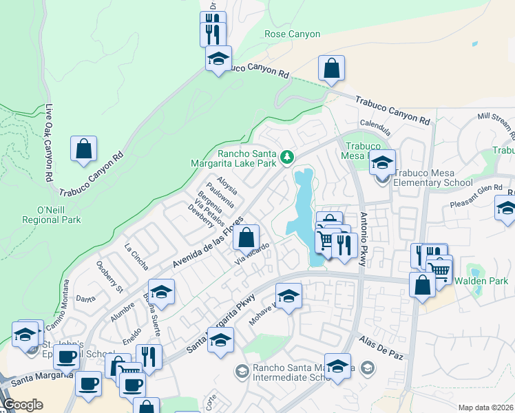 map of restaurants, bars, coffee shops, grocery stores, and more near 2 Mirabella in Rancho Santa Margarita