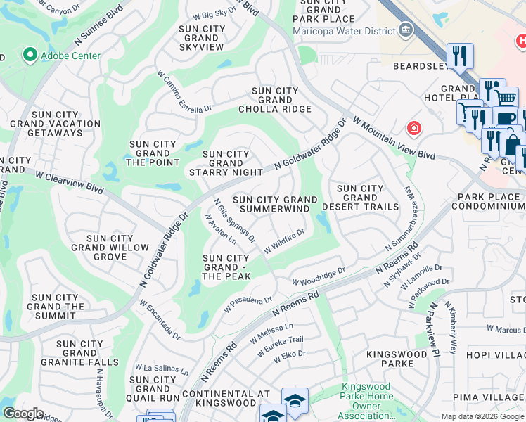 map of restaurants, bars, coffee shops, grocery stores, and more near 15237 West Pinehurst Lane in Surprise