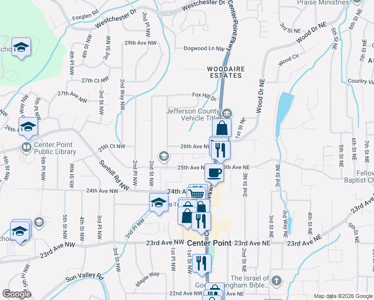 map of restaurants, bars, coffee shops, grocery stores, and more near 105 26th Avenue Northwest in Center Point