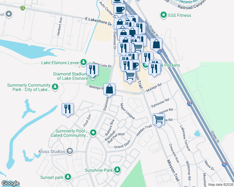 map of restaurants, bars, coffee shops, grocery stores, and more near 29406 Tournament in Lake Elsinore