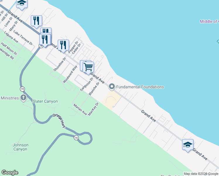 map of restaurants, bars, coffee shops, grocery stores, and more near 16209 Grand Avenue in Lake Elsinore