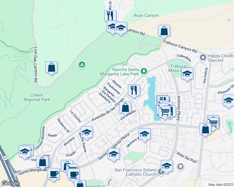 map of restaurants, bars, coffee shops, grocery stores, and more near 25 Paulownia in Rancho Santa Margarita