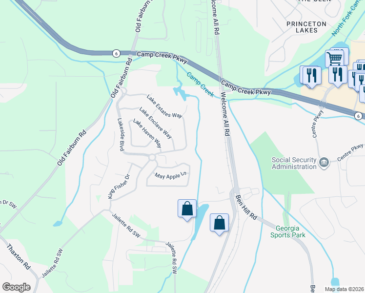 map of restaurants, bars, coffee shops, grocery stores, and more near 3656 Lake Estates Way in Atlanta