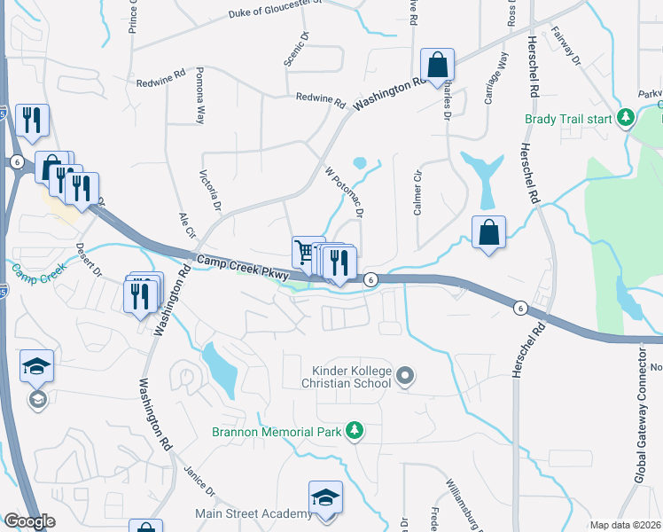 map of restaurants, bars, coffee shops, grocery stores, and more near 2828 Arlington Road in East Point