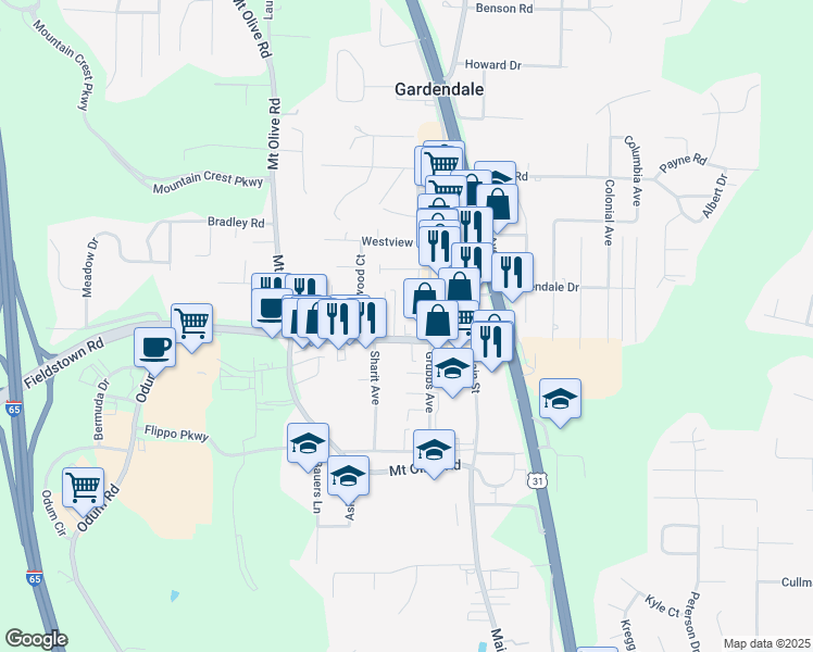 map of restaurants, bars, coffee shops, grocery stores, and more near 308 Fieldstown Road in Gardendale