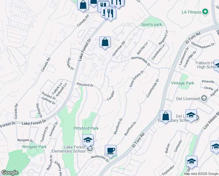 map of restaurants, bars, coffee shops, grocery stores, and more near 21382 Monterra in Lake Forest
