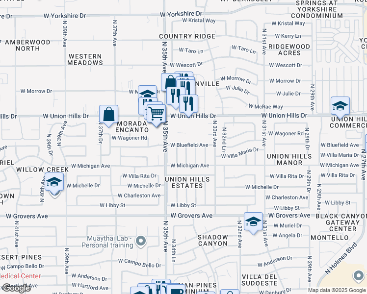 map of restaurants, bars, coffee shops, grocery stores, and more near 18237 North 34th Drive in Phoenix