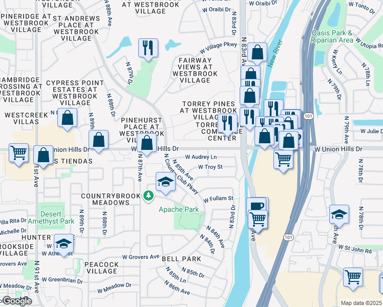 map of restaurants, bars, coffee shops, grocery stores, and more near 8456 West Audrey Lane in Peoria