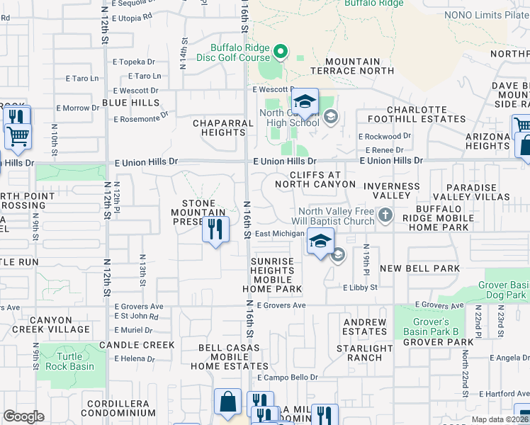 map of restaurants, bars, coffee shops, grocery stores, and more near 1619 East Bluefield Avenue in Phoenix